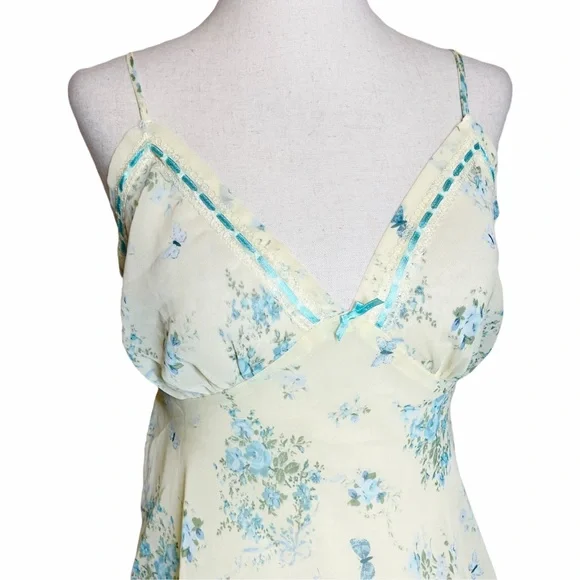 Vintage Y2K Fairycore Pale Yellow & Blue Floral Butterfly Chiffon Slip Dress - Picture 6 of 6